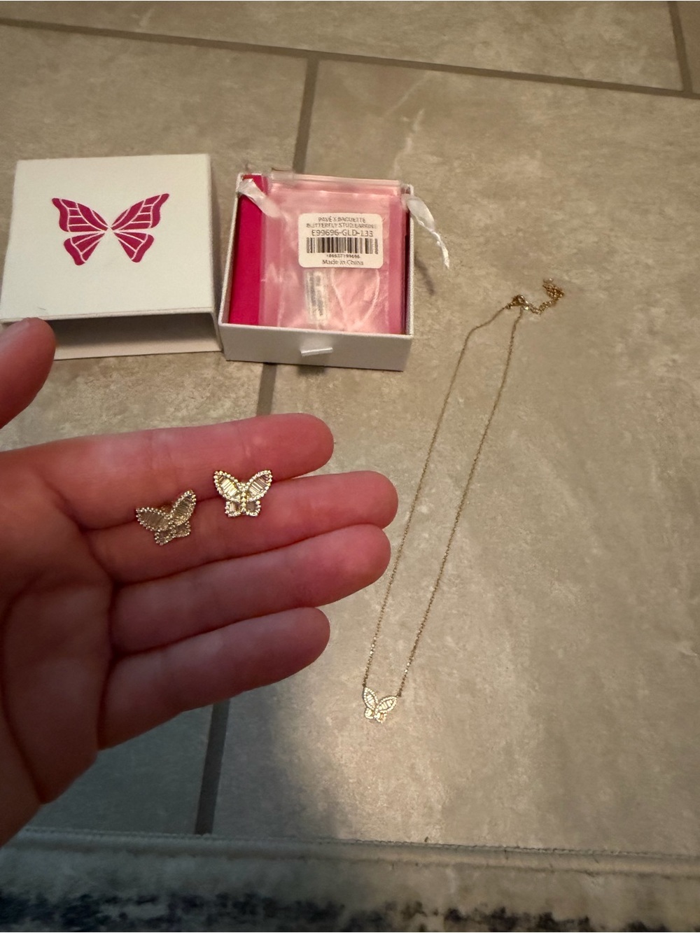 Adina Eden Gold Butterfly Stud Earrings and Necklace
